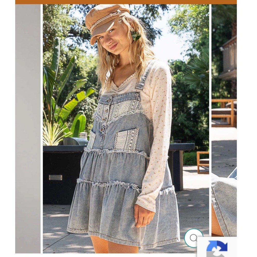 POL DENIM AND CROCHET LACE SUSPENDER MINI DRESS